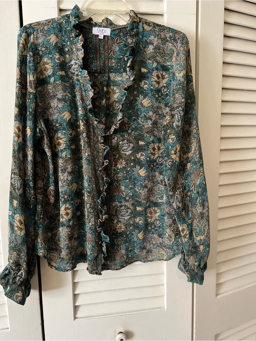 Teal Floral Ruffle Front Blouse